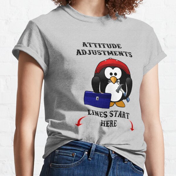 Vista previa del artículo con la obra «Las líneas de ajuste de actitud comienzan aquí: un lindo pingüino con una caja de herramientas, un martillo y clavos.», diseñado y vendido por Oaks Creations.