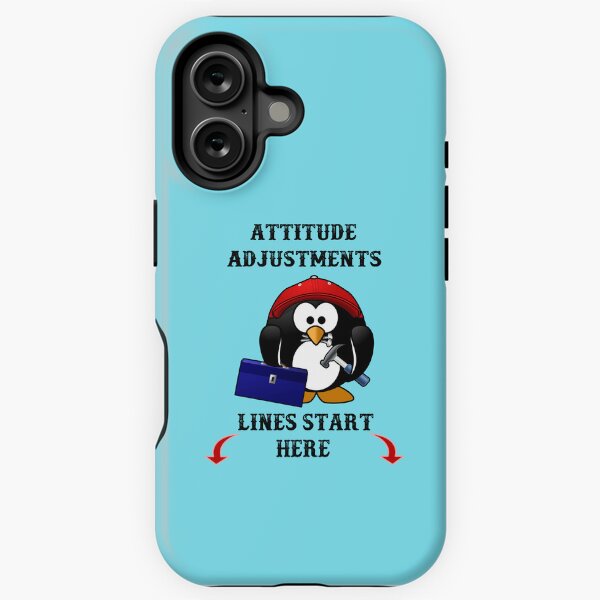 Vista previa del artículo con la obra «Las líneas de ajuste de actitud comienzan aquí: un lindo pingüino con una caja de herramientas, un martillo y clavos.», diseñado y vendido por Oaks Creations.