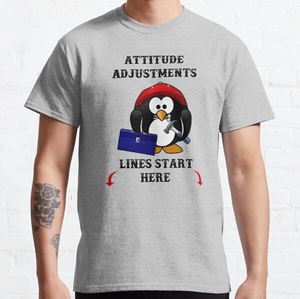 Vista previa del artículo con la obra «Las líneas de ajuste de actitud comienzan aquí: un lindo pingüino con una caja de herramientas, un martillo y clavos.», diseñado y vendido por Oaks Creations.