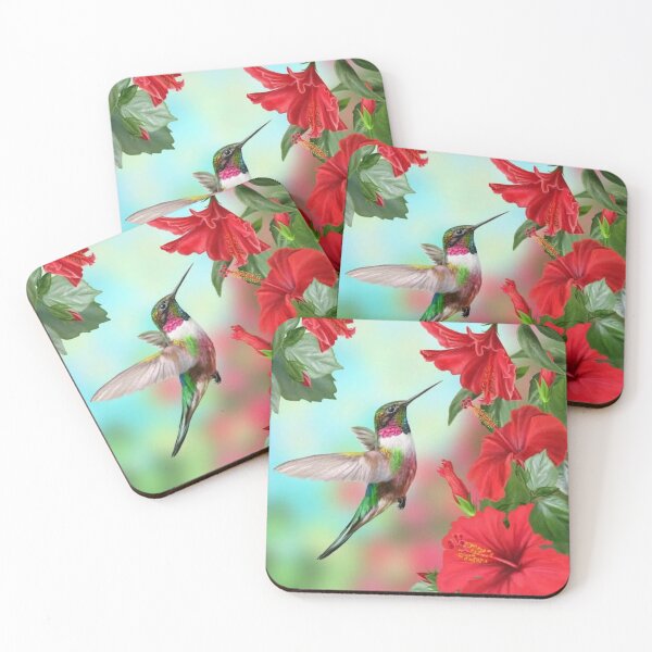 Item preview, Hummingbird Pecking At Red Hibiscus Flowers designed and sold by CheeryDK.