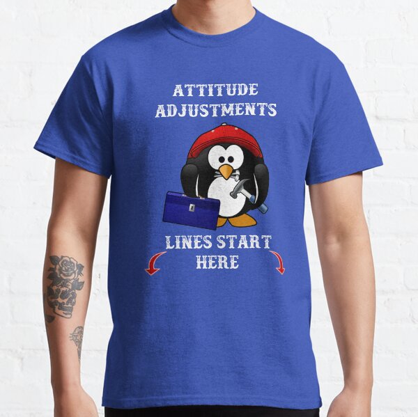 Vista previa del artículo con la obra «Las líneas de ajuste de actitud comienzan aquí: un lindo pingüino con una caja de herramientas, un martillo y clavos.», diseñado y vendido por Oaks Creations.