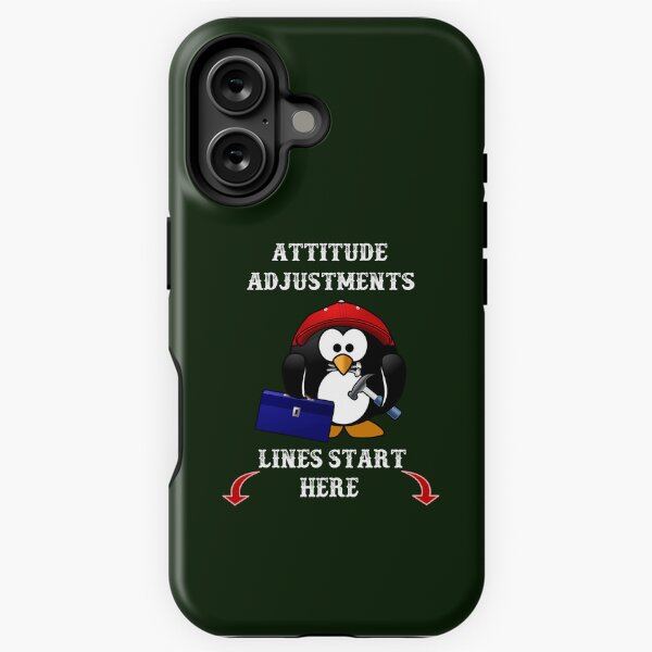 Vista previa del artículo con la obra «Las líneas de ajuste de actitud comienzan aquí: un lindo pingüino con una caja de herramientas, un martillo y clavos.», diseñado y vendido por Oaks Creations.