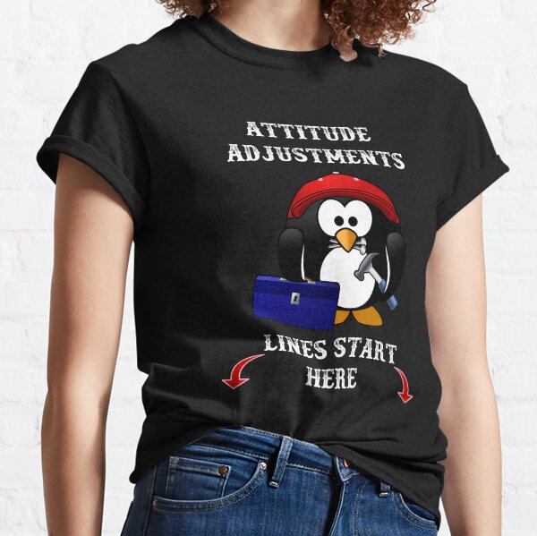 Vista previa del artículo con la obra «Las líneas de ajuste de actitud comienzan aquí: un lindo pingüino con una caja de herramientas, un martillo y clavos.», diseñado y vendido por Oaks Creations.