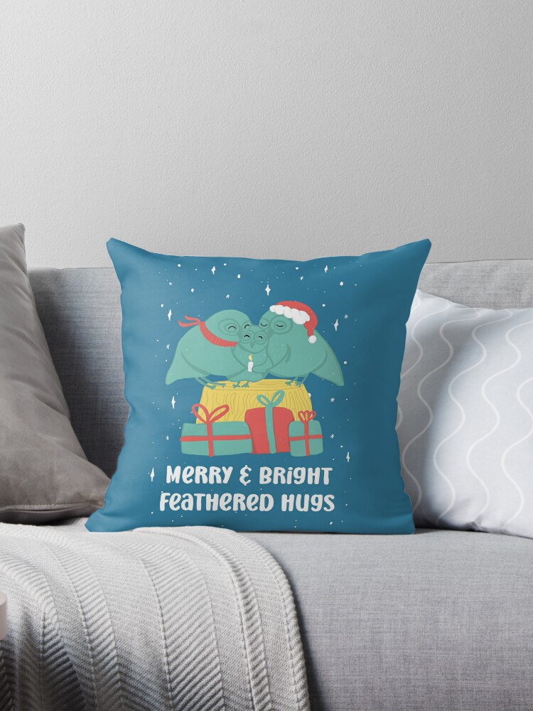Thumbnail 1 of 3, Throw Pillow, Merry and Bright feathered hugs - Owls Greetings collection - BGYR designed and sold by MaddaMom.