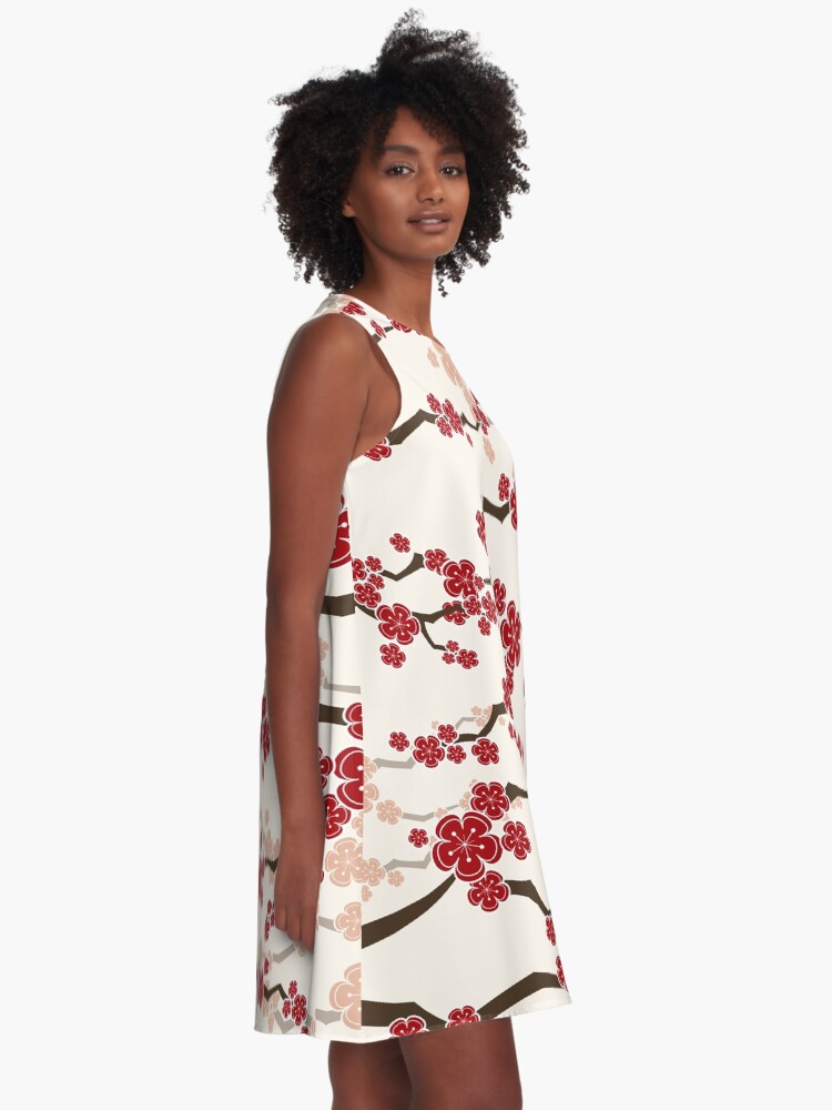 Vista alternativa de Vestido acampanado Flores de cerezo orientales rojas en marfil | Flores japonesas zen sakura
