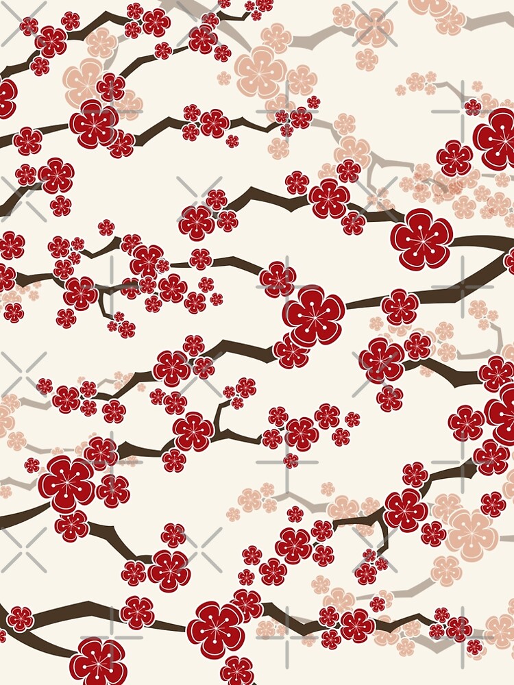 Flores de cerezo orientales rojas en marfil | Flores japonesas zen sakura de fatfatin