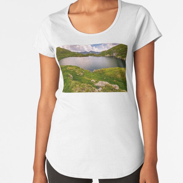 lake in mountains with grass on hillside Premium Scoop T-Shirt