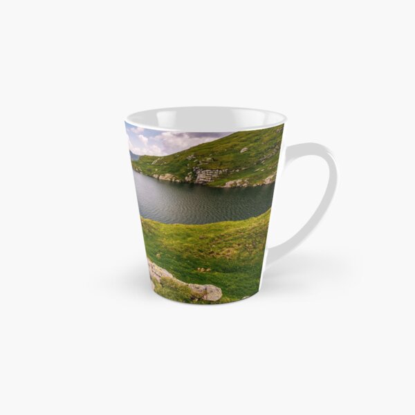 lake in mountains with grass on hillside Tall Mug