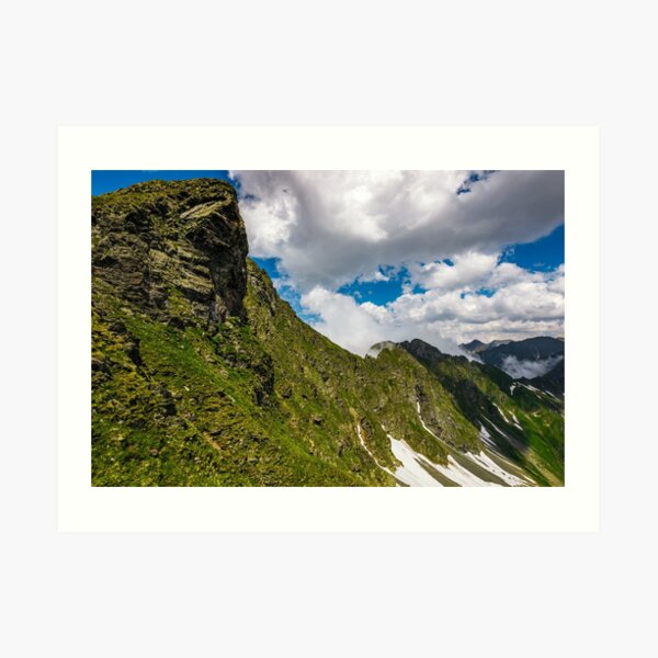Steep slope on rocky hillside in fog Art Print