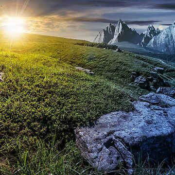 Artwork thumbnail, time change concept. meadow with huge stones on top of mountain range by mike-pellinni