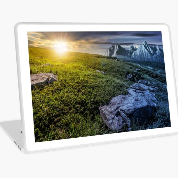time change concept. meadow with huge stones on top of mountain range Laptop Skin