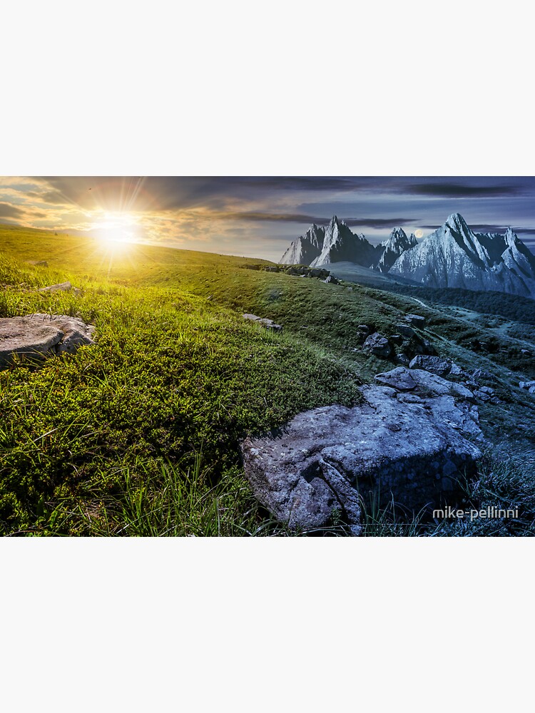 Thumbnail 3 of 3, Sticker, time change concept. meadow with huge stones on top of mountain range designed and sold by mike-pellinni.