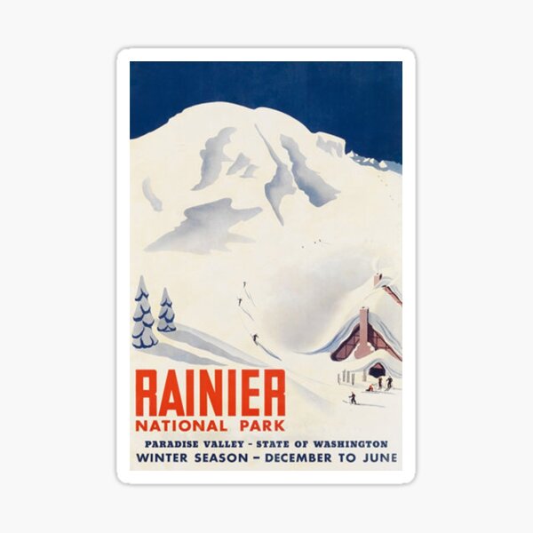 Aperçu de l'œuvre Autocollant de voyage du parc national Rainier, État de Washington, États-Unis créée et vendue par MeLikeyTees.