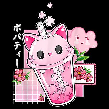 Camiseta Boba Tea Cat Bubble Print, Kawaii Crew Neck Manga Curta