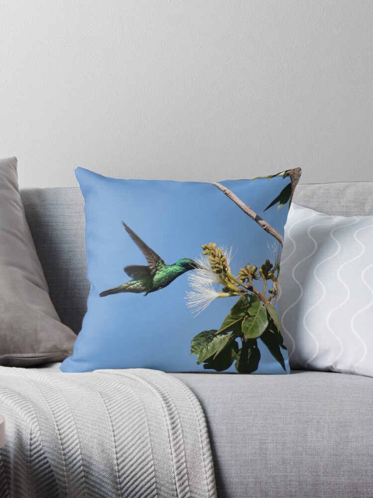 Thumbnail 1 of 4, Pillow, Hummingbird Pollinating Guaba Tree designed and sold by rhamm.