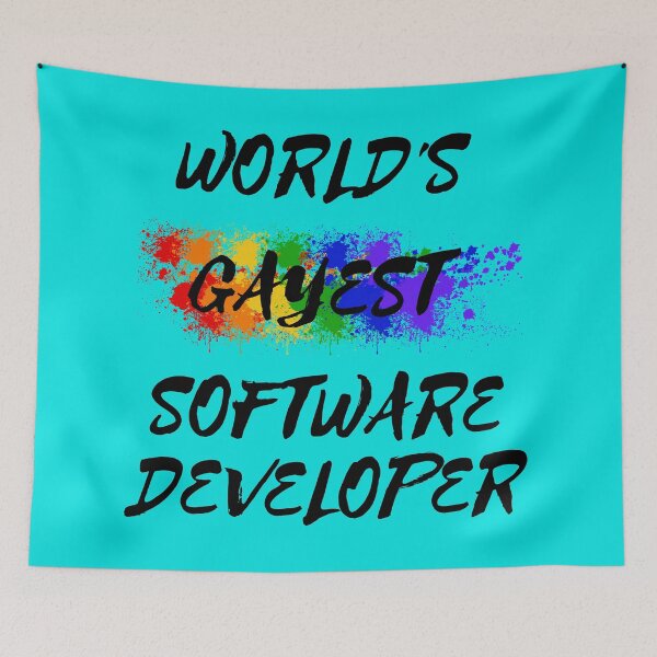 Item preview, World's Gayest Software Developer LGBT Joke With Rainbow Colors In Cyan designed and sold by LuckyKermit.