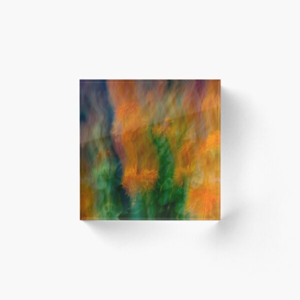 Fleur Blur-Abstract Orange Safflowers & Green Leaves Acrylic Block