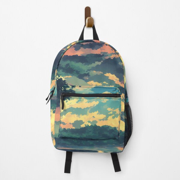 Item preview, A landscape of a stunning lake in the style of an anime background with a split complimentary color palette designed and sold by Art-of-AI.