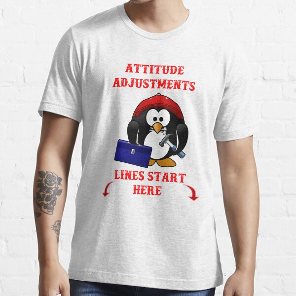 Vista previa del artículo con la obra «Las líneas de ajuste de actitud comienzan aquí: un lindo pingüino con una caja de herramientas, un martillo y clavos.», diseñado y vendido por Oaks Creations.