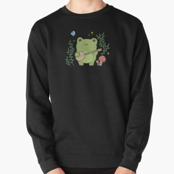 Cute Kawaii Frog Playing Banjo - Toad Plant Fungi Blue Butterfly - Cottagecore Aesthetic Mushroom - Chubby Phrog - Froggy Kids Gift Pullover Sweatshirt