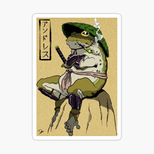 Vista previa del artículo con la obra «Calcomanía japonesa vintage fumando samurai sapo», diseñado y vendido por Ugly Bugs.