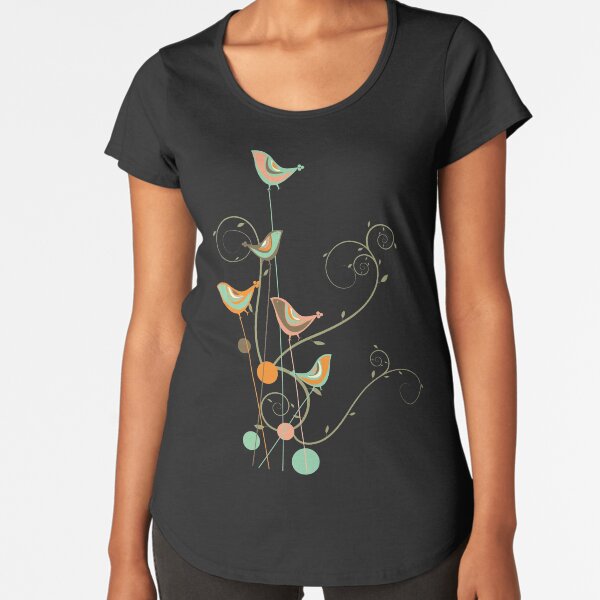 Colorful Whimsical Summer Orange Chocolate and Mint Birds with Swirls Premium Scoop T-Shirt