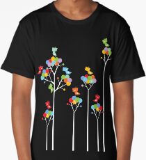 Colorful Whimsical Tweet Birds On White Branches Long T-Shirt