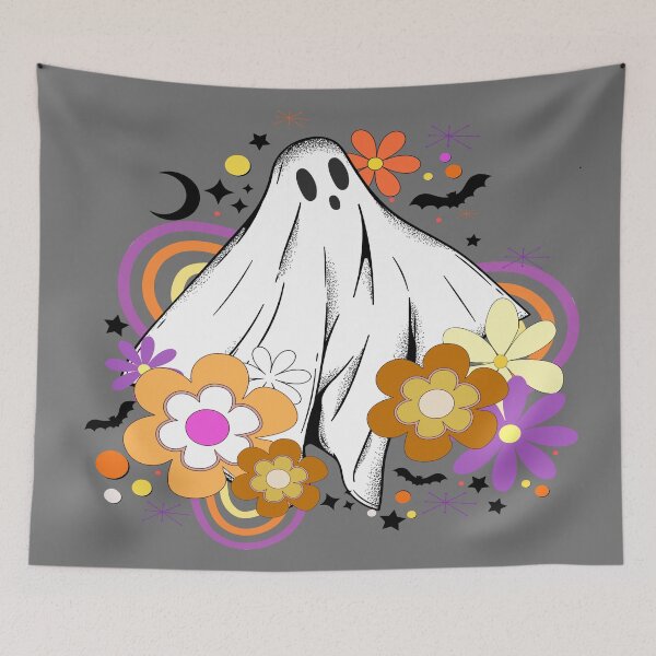 Item preview, Retro ghost, Illustration of ghost surrounded by flowers, rainbows and retro wave designed and sold by Malogue.