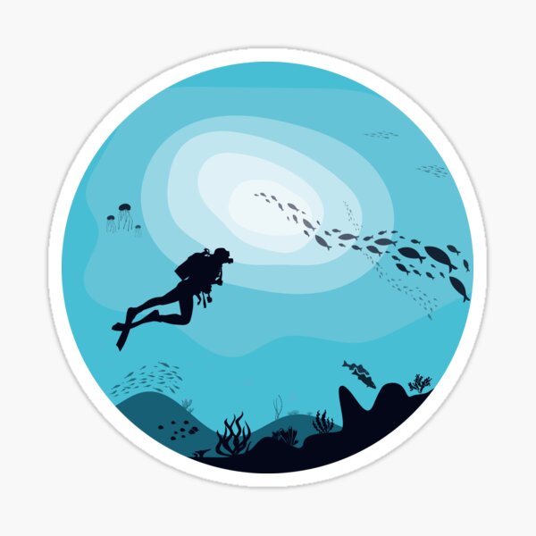 Item preview, Scuba Diver Watching The School Of Fish Round Shape Sticker designed and sold by DoggoTankardoff.