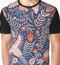 Swedish folk art birds on dark blue Graphic T-Shirt
