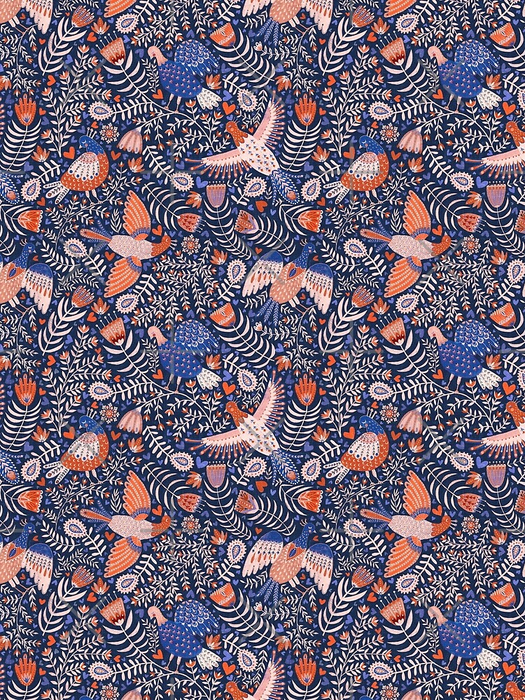Swedish folk art birds on dark blue by Nozzas
