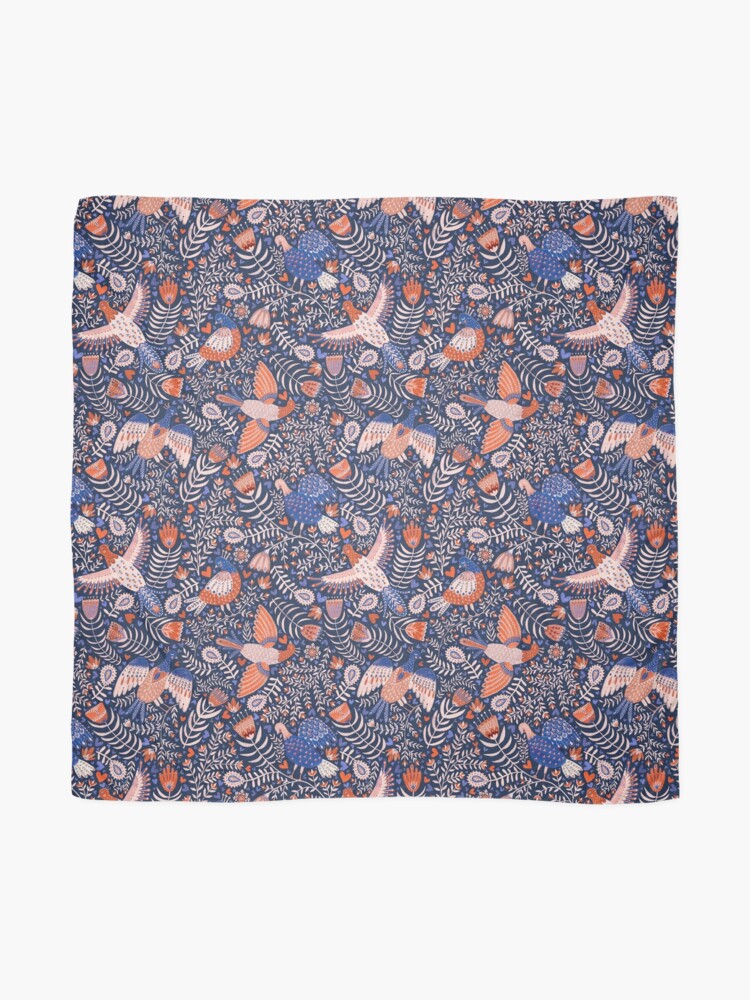 Alternate view of Swedish folk art birds on dark blue Scarf