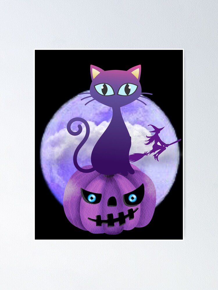 Purple Halloween Cat Sitting On a Pumpkin With Witch Flying Past The Moon  Cute Design  Poster for Sale by BearCaveDesigns
