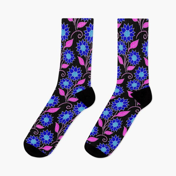 Item preview, Cosmic Bioluminescence Wild Blossoming Mystic Sunny Sunflower - Wind in Grass Fields - Black Blue Floral Retro Pattern with Pink Leaves - Colorful Pencil Line Dream Art  designed and sold by GrandTartaria.