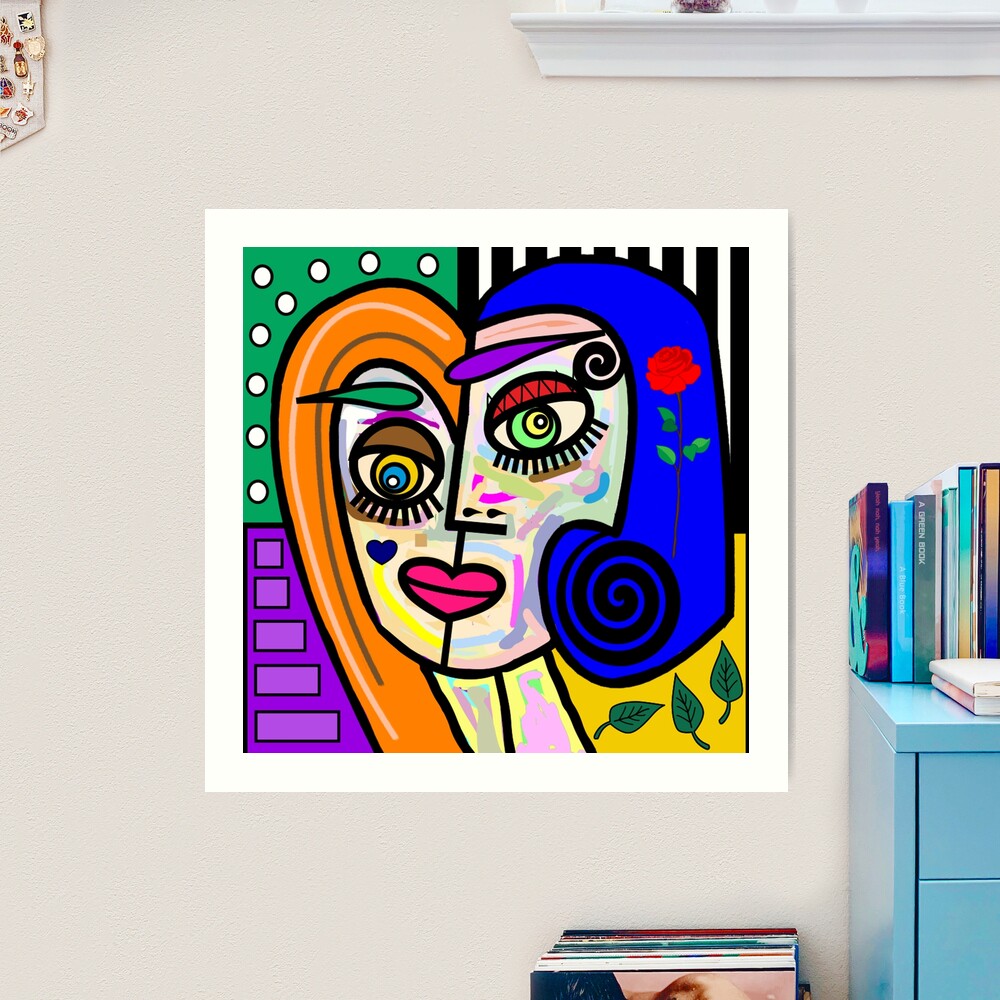 アート・デザイン・音楽 Viva Picasso Funky Abstract Style Art Face with Dots and Stripes