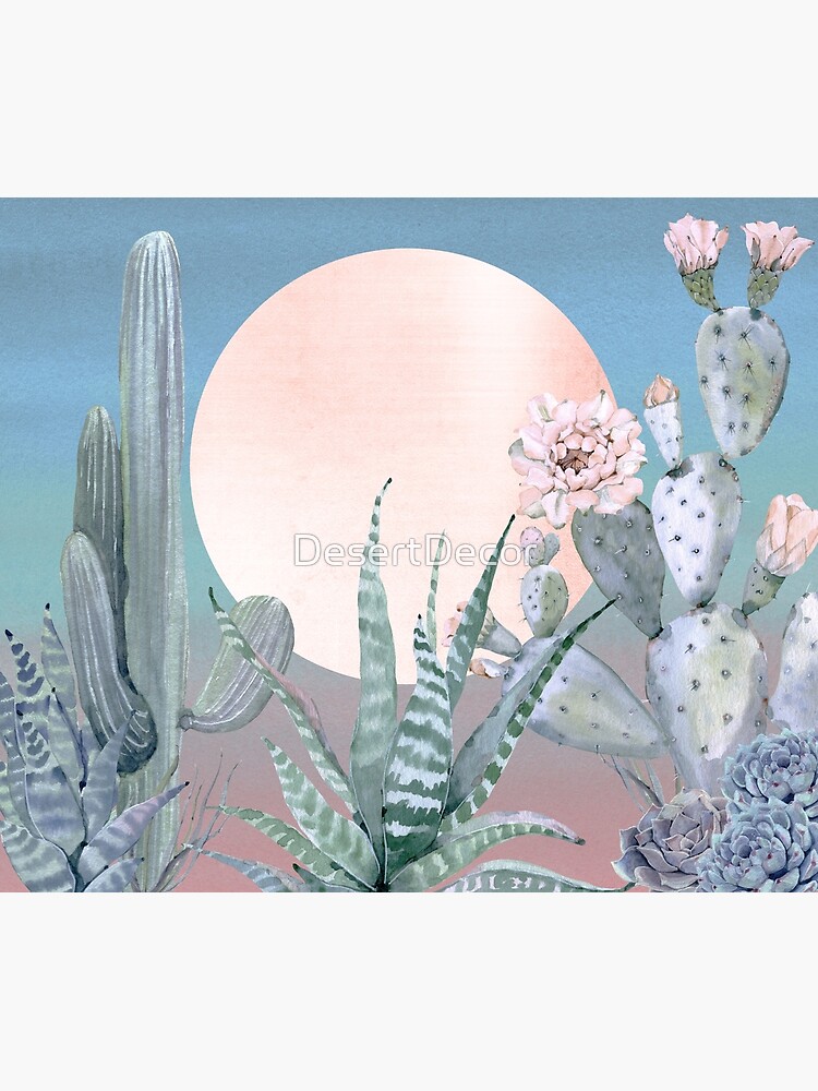 Cactus Twilight Pretty Pink Rosegold and Blue Desert Cacti Illustration by DesertDecor