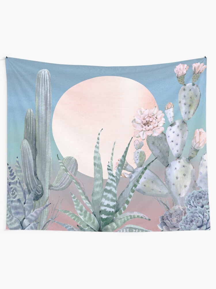 Alternate view of Cactus Twilight Pretty Pink Rosegold and Blue Desert Cacti Illustration Tapestry