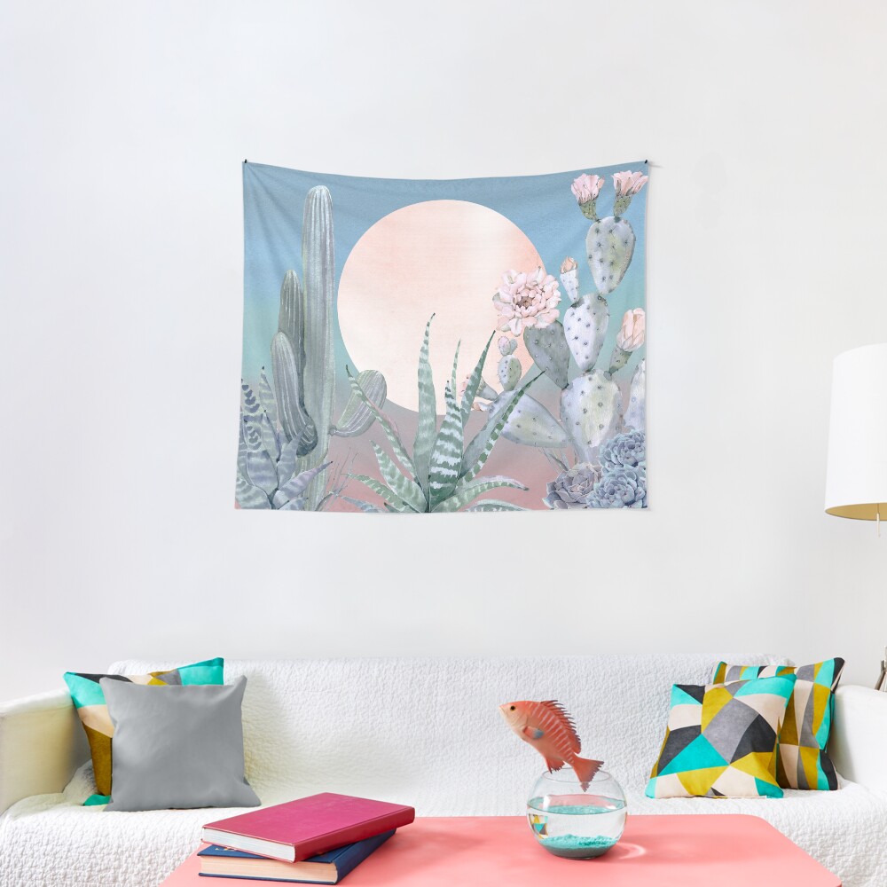 Cactus Twilight Pretty Pink Rosegold and Blue Desert Cacti Illustration Tapestry