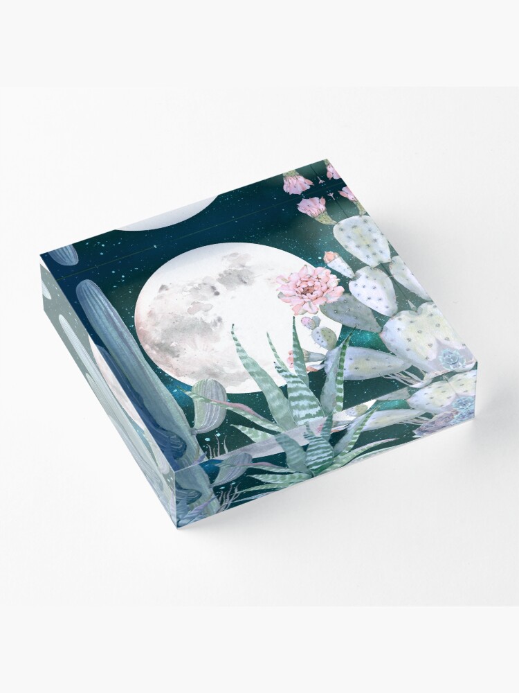 Alternate view of Cactus Nights Pretty Pink and Blue Desert Stars Cacti Illustration Acrylic Block