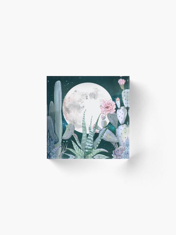 Alternate view of Cactus Nights Pretty Pink and Blue Desert Stars Cacti Illustration Acrylic Block