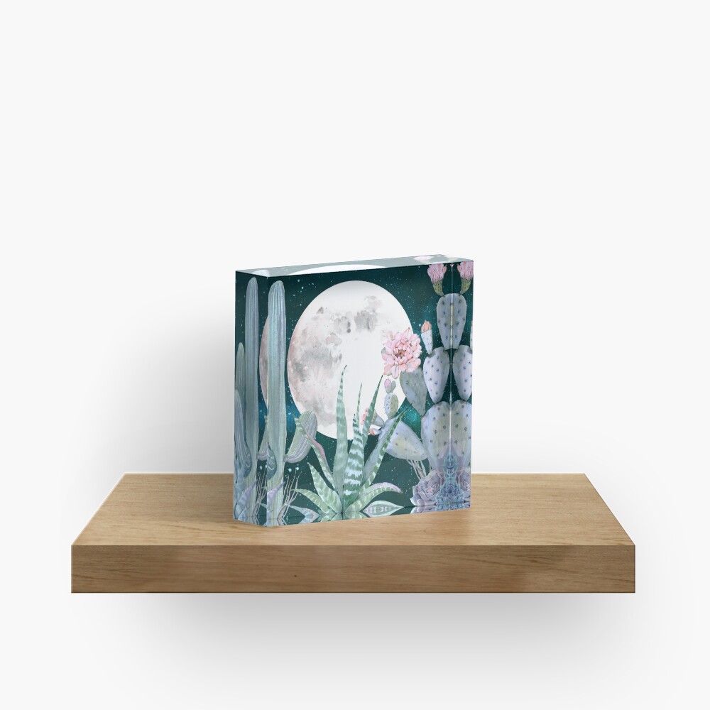Cactus Nights Pretty Pink and Blue Desert Stars Cacti Illustration Acrylic Block