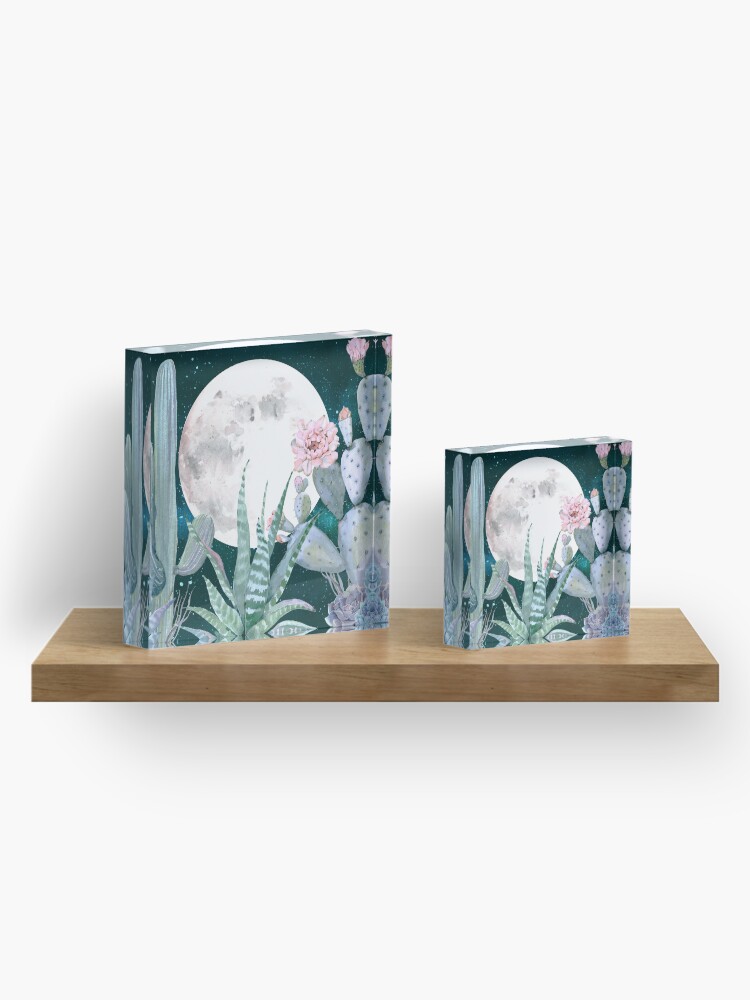 Alternate view of Cactus Nights Pretty Pink and Blue Desert Stars Cacti Illustration Acrylic Block