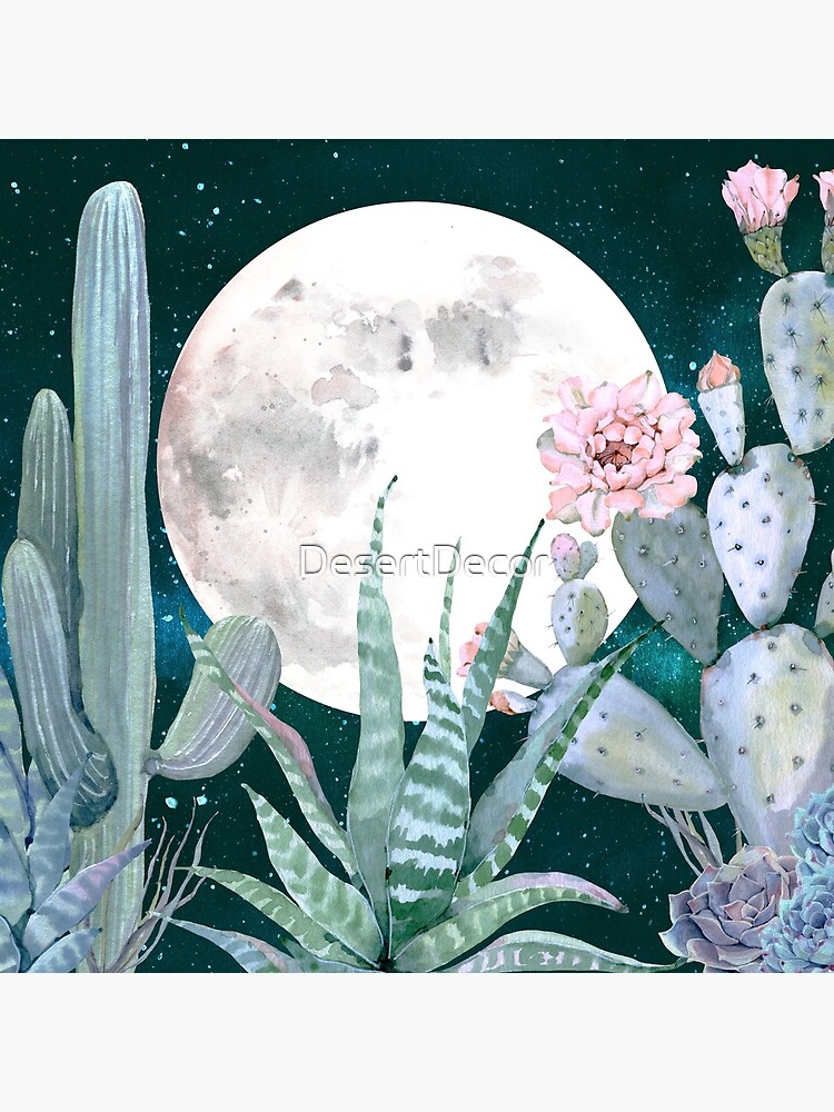 Cactus Nights Pretty Pink and Blue Desert Stars Cacti Illustration by DesertDecor