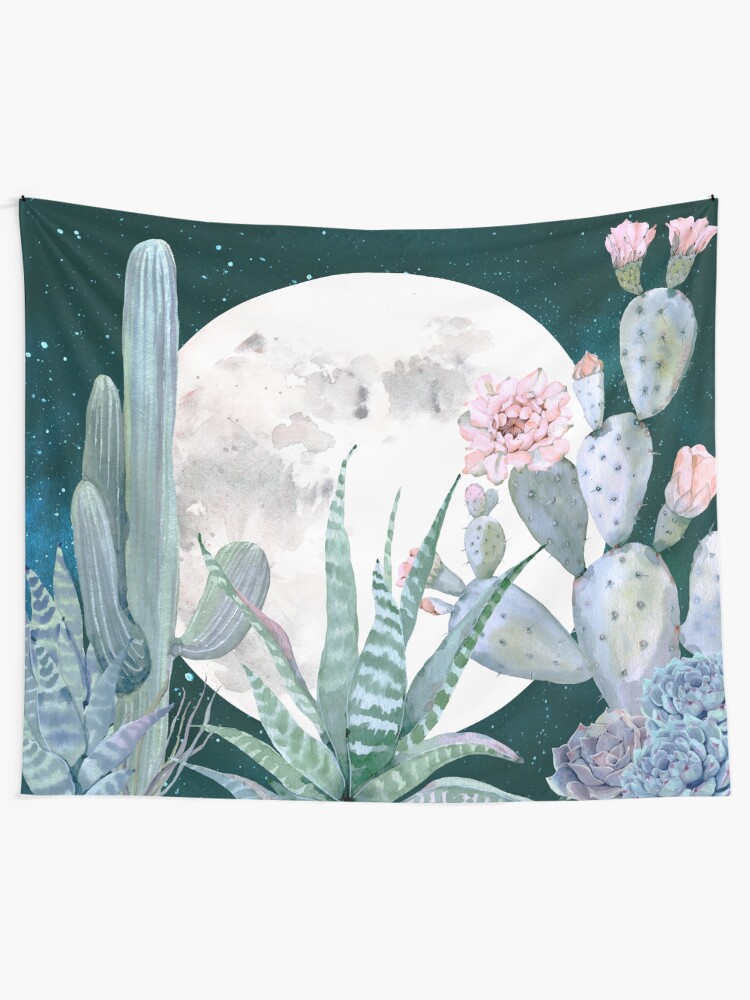 Alternate view of Cactus Nights Pretty Pink and Blue Desert Stars Cacti Illustration Tapestry