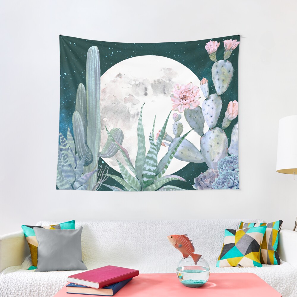 Cactus Nights Pretty Pink and Blue Desert Stars Cacti Illustration Tapestry