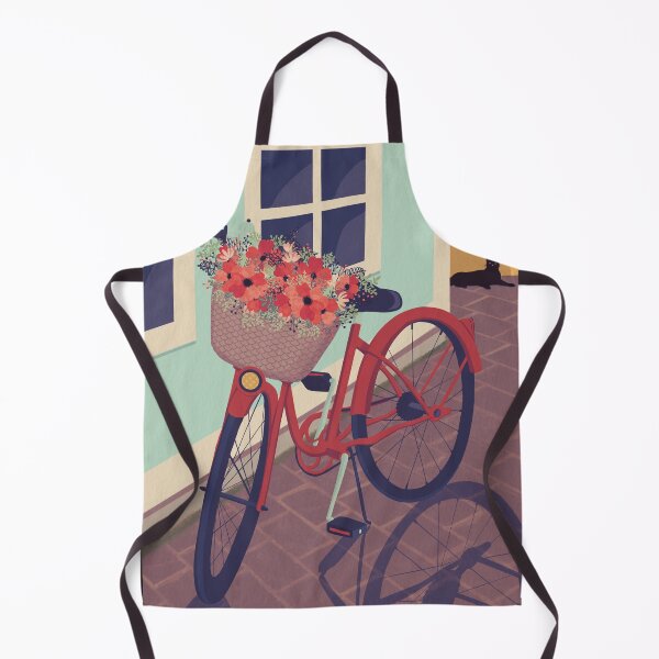 Item preview, The red bike with a flower basket in a Scandinavian town, cat watching designed and sold by marina63.