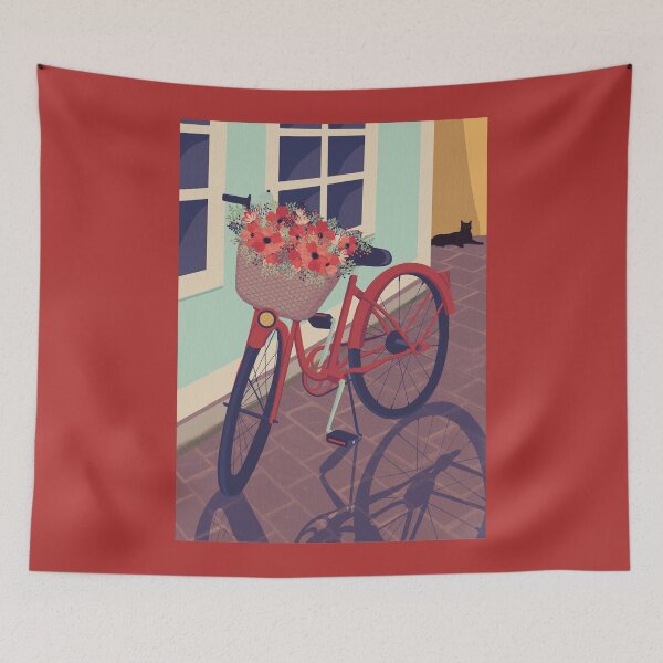 Item preview, The red bike with a flower basket in a Scandinavian town, cat watching designed and sold by marina63.