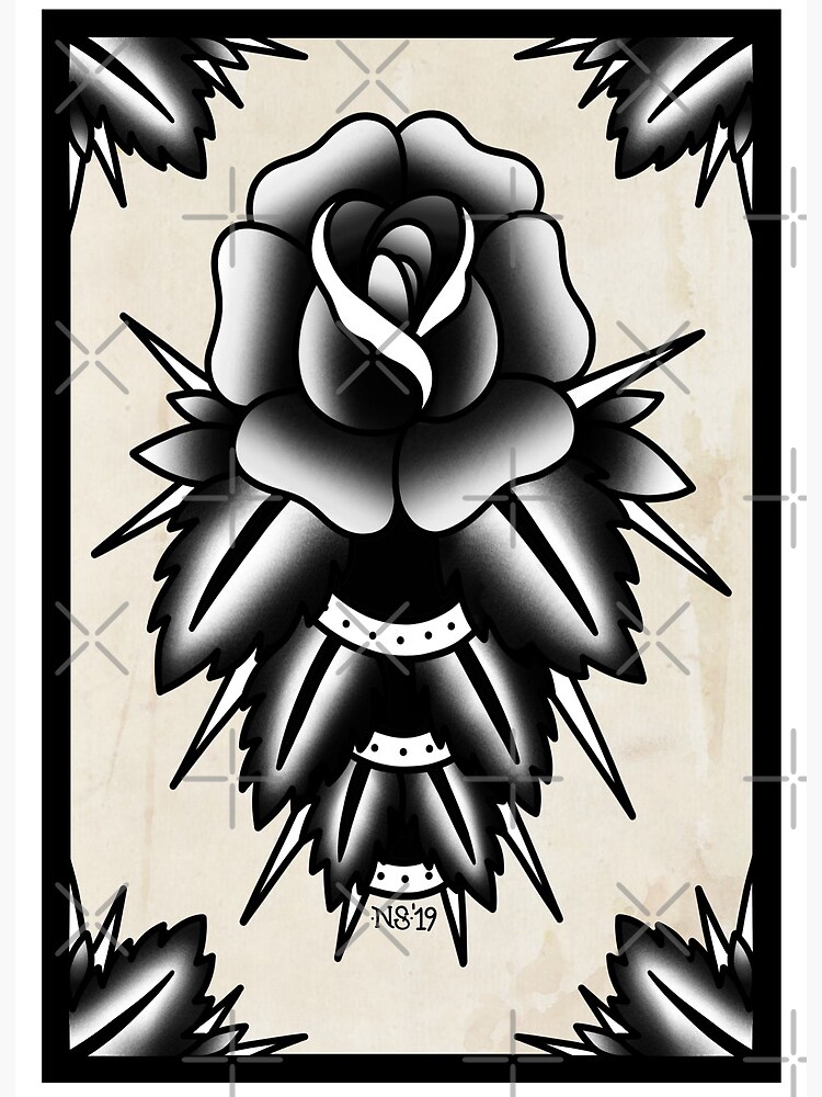 rose-leaves-thorns-traditional-tattoo-small-art-board-print-for-sale-by-night-sky-art-redbubble