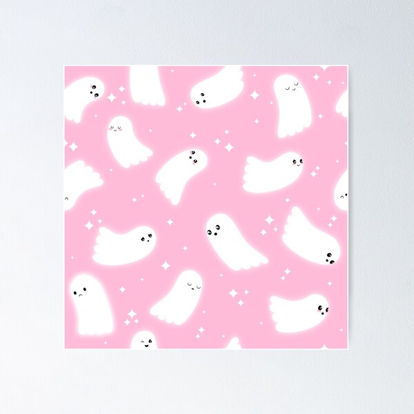 Ghost Pattern (White Sparkles Pink Background) Poster