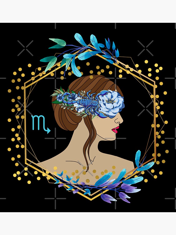 "Scorpio Lady with Scorpion Flower Head Decoration, Zodiac design; blue